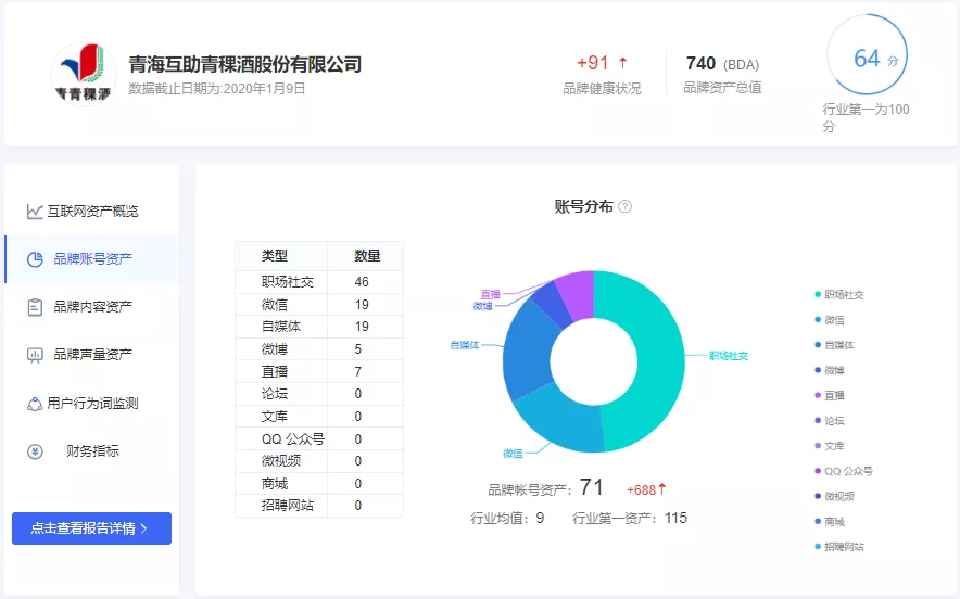 青青稞酒品牌數字資産賬号分(fēn)布（來(lái)源：九一數據）